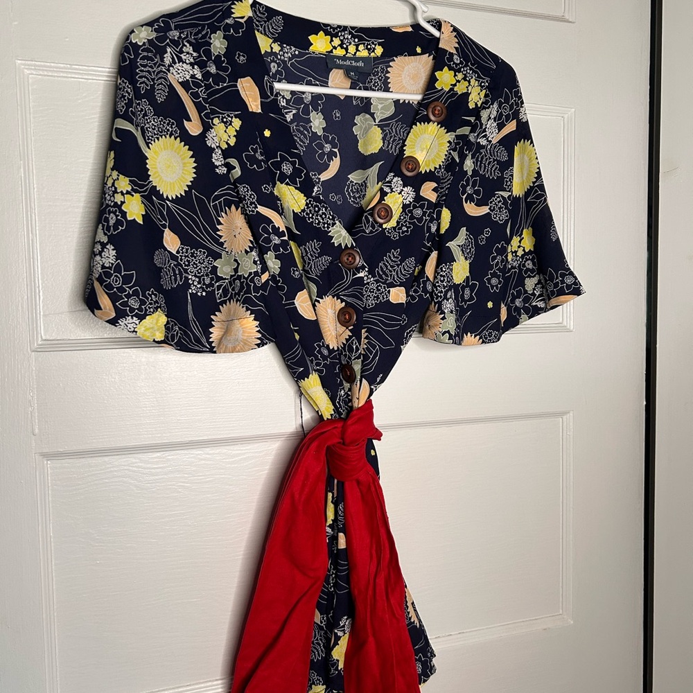 Modcloth Navy and Yellow Floral Blouse with Red Tie